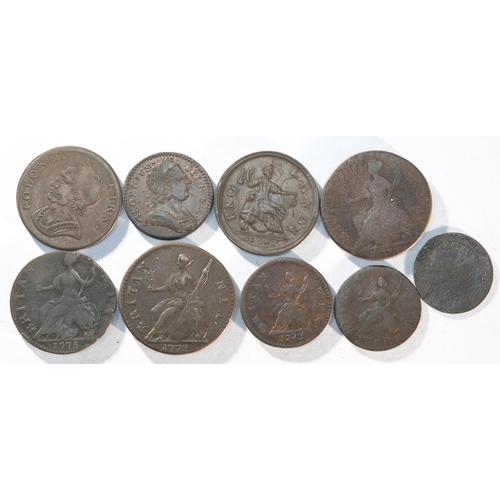 207 - George III (1860 - 1820), a group (9) of halfpennies, farthings and evasions consisting of: 1773 hal... 