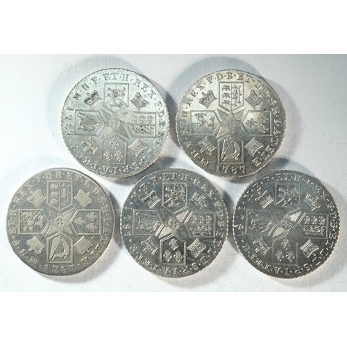 210 - 5x George III (1760 - 1820) 1787 shillings consisting of the types: No stops over George III's head,... 