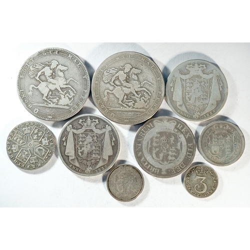 213 - 7x George III (1760 - 1820) coins consisting of: 2x 1819 crowns, 1817 halfcrown, 1787 shilling, 1817... 