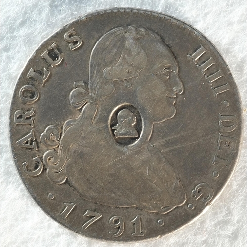 215 - George III (1760-1820), Madrid half dollar, Oval countermark upon Spanish fout reales of King Charle... 