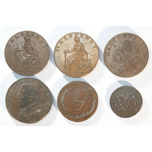 243 - 6x 18th century provincial tokens consisting of: Birmingham 1792 John Howard halfpenny, Good Very Fi... 