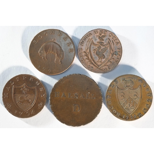 255 - 5 x 18th century provincial tokens consisting of: Lancashire 1794 halfpenny, DH43, Good Very Fine. L... 