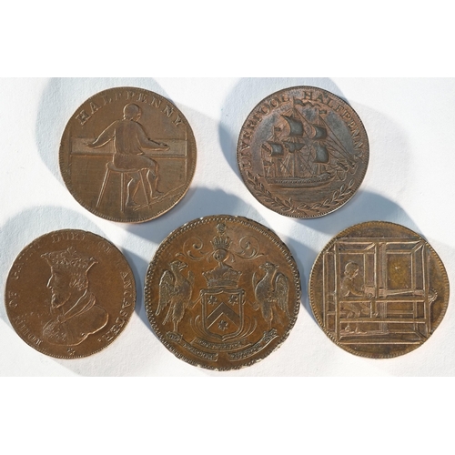 255 - 5 x 18th century provincial tokens consisting of: Lancashire 1794 halfpenny, DH43, Good Very Fine. L... 