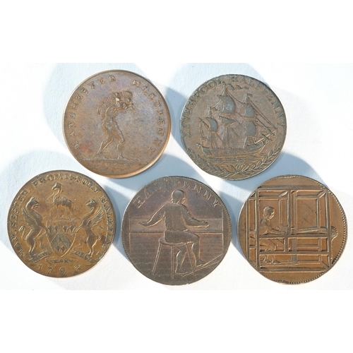 257 - 5 x 18th century provincial tokens consisting of: Manchester 1793 halfpenny, DH132, Very Fine. Manch... 