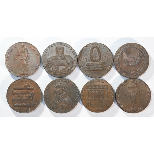 265 - 8x 18th century provincial tokens consisting of: Lancashire, Manchester DH127, Very Fine. Lancashire... 