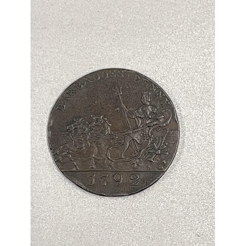 287 - Barbados, 1792 penny. Obv: Head of a slave facing right. Rev: Neptune riding in chariot. KM #TN10. S... 