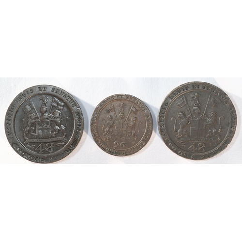 302 - East India Company, 3x Madras Presidency coins consisting of: 1794 1/48 rupee (dub), KM #396, Pr #31... 