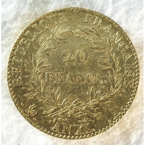 313 - France, Napoleon, 1802 - 1803 ANXI 20 francs. Gold (.900), 6.45 g. Obv: Bare head facing left. Rev: ... 