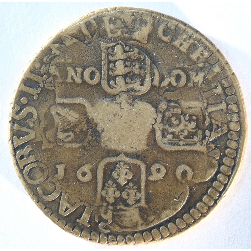 323 - Ireland, James II 1690 Gun money crown, overstruck on a large size halfcrown, the host coin clearly ... 