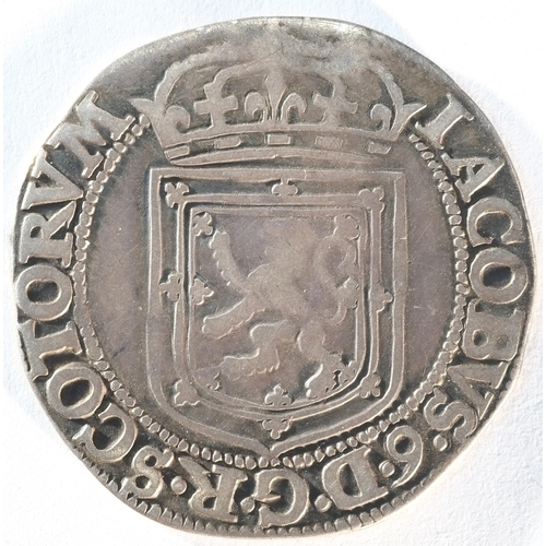 332 - Scotland, James VI (1567 - 1625) 1602 thistle merk, 6.34 grams, 31.8 mm. Obv: Crowned shield. Rev: C... 