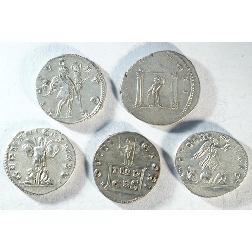 51 - 5x silver antoninianii of Gallienus (253 - 268 CE) consisting of: Mars standing in temple, Good Very... 