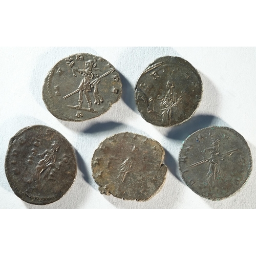 92 - 5x Ae antoninianii of Quintillus (277 CE) consisting of: DIANA LVCIF, Diana holding spear, FIDES MIL... 