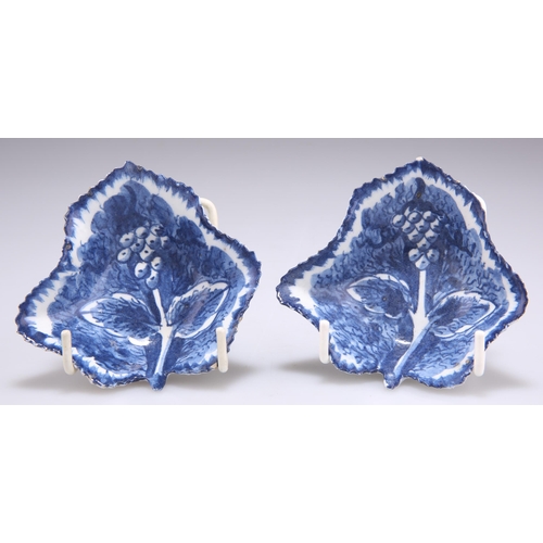 103 - A PAIR OF BOW PICKLE DISHES, CIRCA 1760, of leaf shape, painted with a large spray of fruiting grape... 