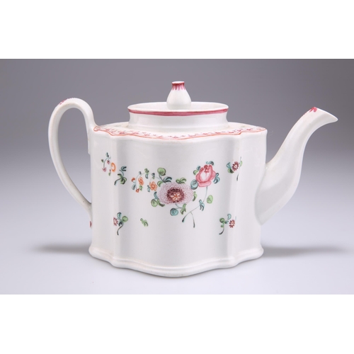 107 - A NEW HALL SILVER-SHAPED TEAPOT, CIRCA 1795, painted to pattern no. 298 with large floral sprays and... 