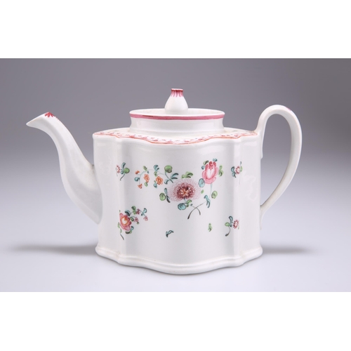 107 - A NEW HALL SILVER-SHAPED TEAPOT, CIRCA 1795, painted to pattern no. 298 with large floral sprays and... 