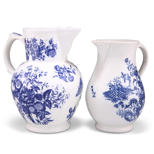 116 - TWO CAUGHLEY BLUE AND WHITE JUGS, comprising A 'PINE CONE' PATTERN JUG, with cabbage-leaf moulded bo... 