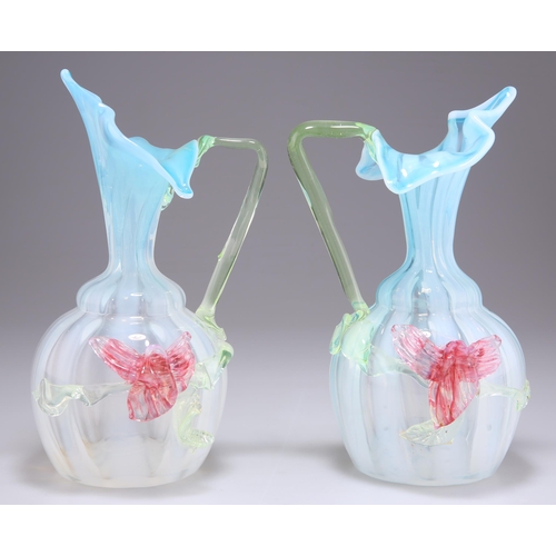 13 - A PAIR OF VICTORIAN VASELINE AND URANIUM GLASS 'JACK IN THE PULPIT' JUGS, each with applied flowerhe... 