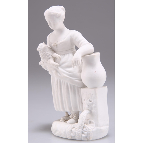 132 - A BISCUIT PORCELAIN FIGURE OF CHILD, PROBABLY ROCKINGHAM, CIRCA 1825-42, modelled as a girl holding ... 