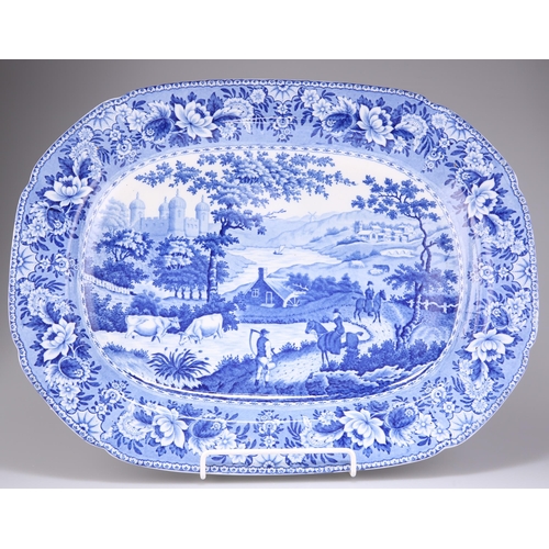 137 - A 19TH CENTURY WELSH BLUE AND WHITE POTTERY MEAT DISH, transfer-printed with the 'Ladies of Llangoll... 