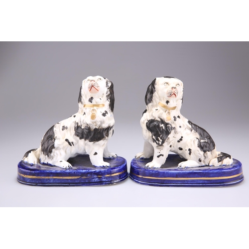 138 - A PAIR OF STAFFORDSHIRE PORCELANEOUS MODELS OF KING CHARLES SPANIELS, CIRCA 1830, modelled seated wi... 