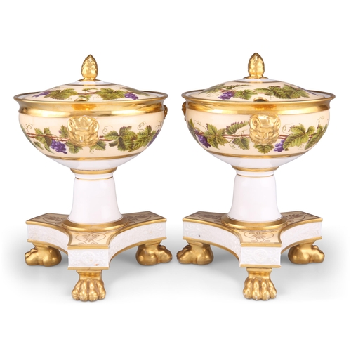 139 - A PAIR OF EARLY 19TH CENTURY PORCELAIN PEDESTAL TUREENS, POSSIBLY SWANSEA CHINA WORKS, the shallow b... 