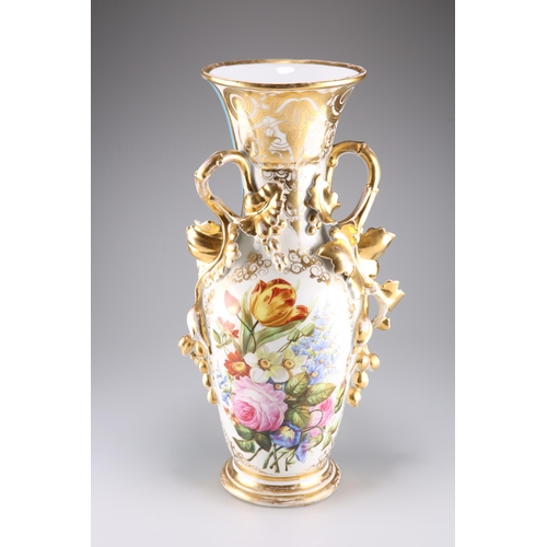 141 - A FRENCH PORCELAIN VASE, MID-19TH CENTURY, of baluster form with foliate-form handles, painted with ... 