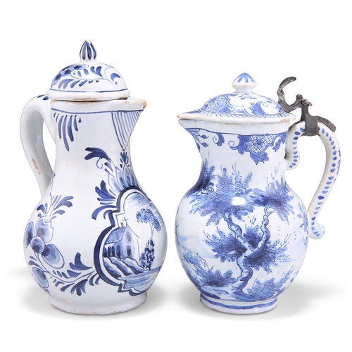 147 - TWO DELFT CRUET JUGS, 19TH CENTURY, each blue painted, one with hinged cover, each with blue painted... 