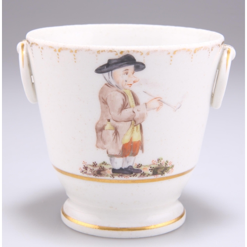 148 - A 19TH CENTURY PORCELAIN SMALL CACHE-POT, with ring handles and raised on a circular foot, painted w... 