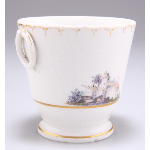 148 - A 19TH CENTURY PORCELAIN SMALL CACHE-POT, with ring handles and raised on a circular foot, painted w... 