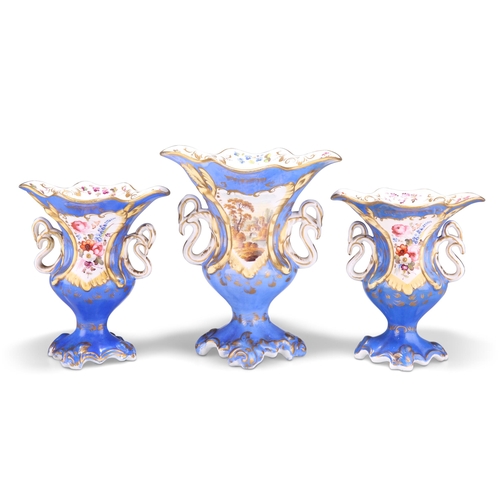 151 - A GARNITURE OF THREE 19TH CENTURY ENGLISH PORCELAIN TWO HANDLED VASES, of baluster form with flared ... 