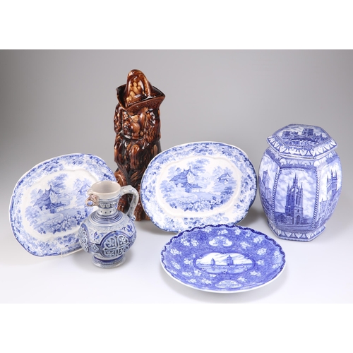 160 - A PAIR OF MINTON 'GENEVESE' OPAQUE CHINA SMALL PLATES, 21cm long; A TREACLE GLAZED BEGGING SPANIEL J... 