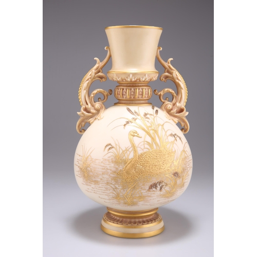 165 - A ROYAL WORCESTER TWO-HANDLED VASE, BY THOMAS MORTON, of globular form with a flared neck and foliat... 