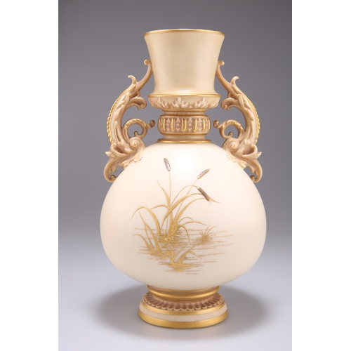 165 - A ROYAL WORCESTER TWO-HANDLED VASE, BY THOMAS MORTON, of globular form with a flared neck and foliat... 