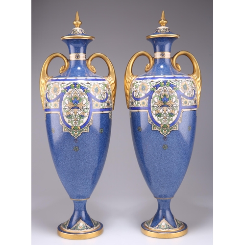 166 - A PAIR OF ROYAL WORCESTER TWO-HANDLED VASES AND COVERS, DATED 1920, decorated in the Aesthetic style... 