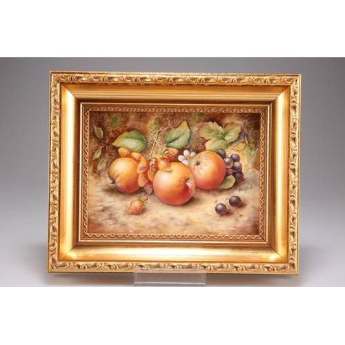 170 - A ROYAL WORCESTER FRUIT-PAINTED PLAQUE, by P. English, rectangular, in a gilt frame, gold printed fa... 