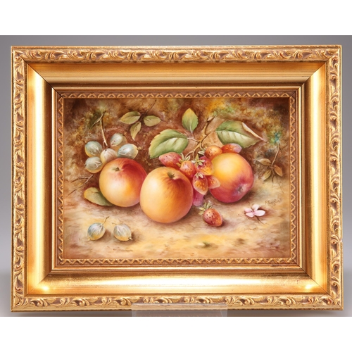 171 - A ROYAL WORCESTER FRUIT-PAINTED PLAQUE, by P. English, rectangular, in a gilt frame, gold printed fa... 