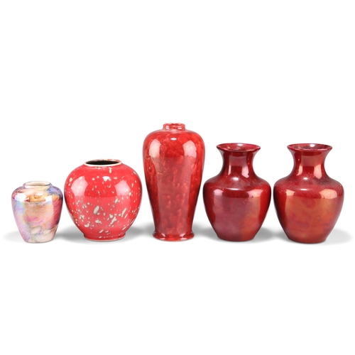 191 - FIVE VASES, comprising A PAIR OF FRAUNFELTER USA RED LUSTRE VASES, of baluster form with trumpet nec... 