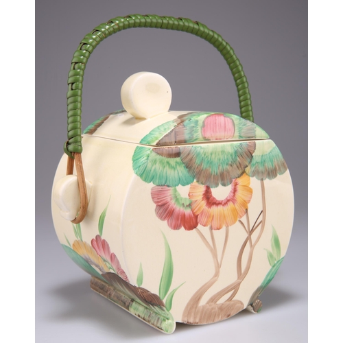 193 - A CLARICE CLIFF BIZARRE 'AUREA' PATTERN BONJOUR BISCUIT BARREL, with a woven green cane handle, Clar... 