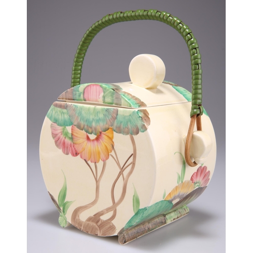 193 - A CLARICE CLIFF BIZARRE 'AUREA' PATTERN BONJOUR BISCUIT BARREL, with a woven green cane handle, Clar... 