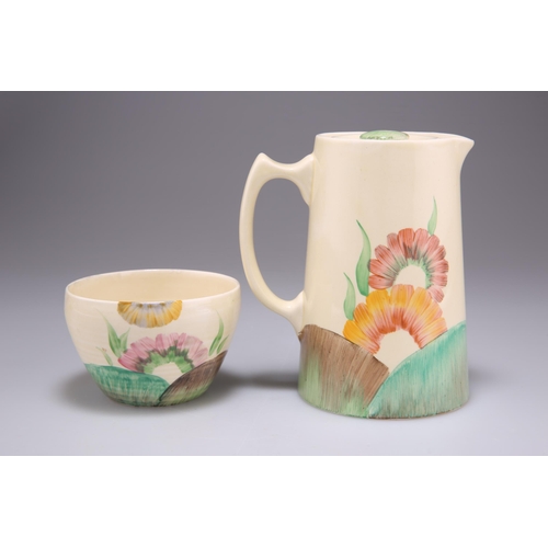 195 - A CLARICE CLIFF 'AUREA' PATTERN HONEYGLAZE HOT WATER JUG, of tapering form with an angular handle, C... 