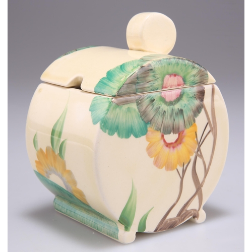 196 - A CLARICE CLIFF BIZARRE 'AUREA' PATTERN BONJOUR PRESERVE JAR AND COVER, Clarice Cliff Bizarre backst... 