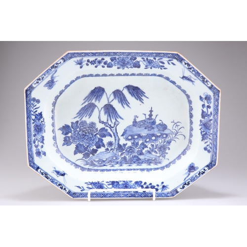 201 - AN 18TH CENTURY CHINESE EXPORT BLUE AND WHITE MEAT DISH, rectangular with canted corners, painted wi... 