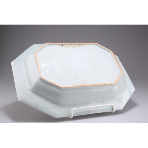 201 - AN 18TH CENTURY CHINESE EXPORT BLUE AND WHITE MEAT DISH, rectangular with canted corners, painted wi... 