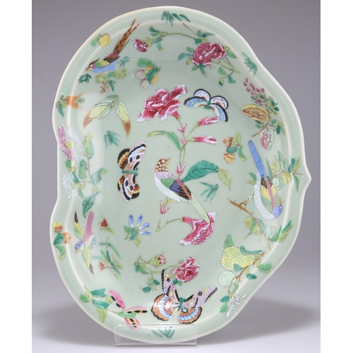 213 - A MID-19TH CENTURY CHINESE ENAMEL DECORATED CELADON DISH, CANTON, leaf-shaped, decorated with birds,... 