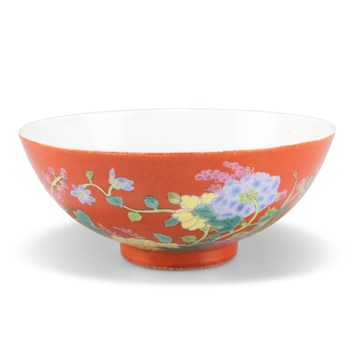 227 - A CHINESE CORAL-GROUND ENAMELLED 'FLORAL' BOWL, circular, painted with clusters of Autumn flowering ... 