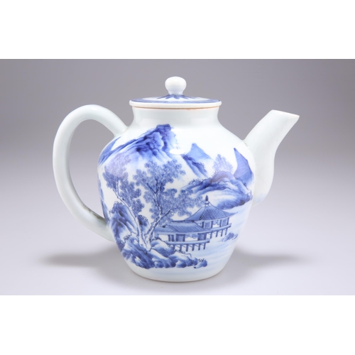 232 - A CHINESE BLUE AND WHITE TEAPOT, painted each side with a mountainous river landscape. 14.5cm high