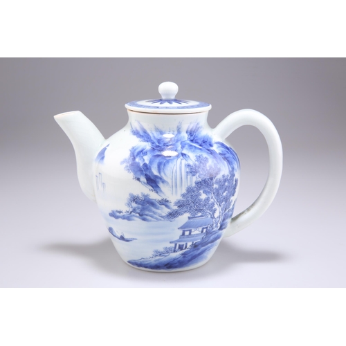 232 - A CHINESE BLUE AND WHITE TEAPOT, painted each side with a mountainous river landscape. 14.5cm high