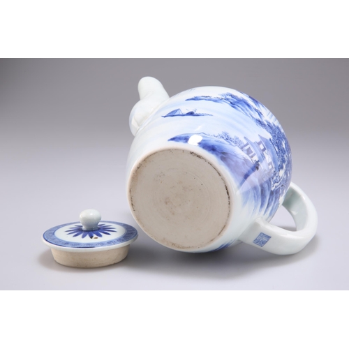 232 - A CHINESE BLUE AND WHITE TEAPOT, painted each side with a mountainous river landscape. 14.5cm high