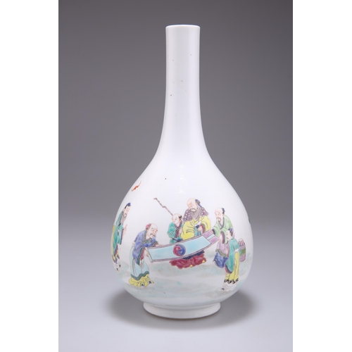 238 - A CHINESE FAMILLE ROSE 'FIGURAL' BOTTLE VASE, enamel painted with Fuxing, Luxing and Shouing, the Th... 