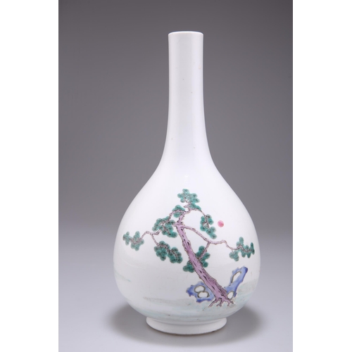 238 - A CHINESE FAMILLE ROSE 'FIGURAL' BOTTLE VASE, enamel painted with Fuxing, Luxing and Shouing, the Th... 